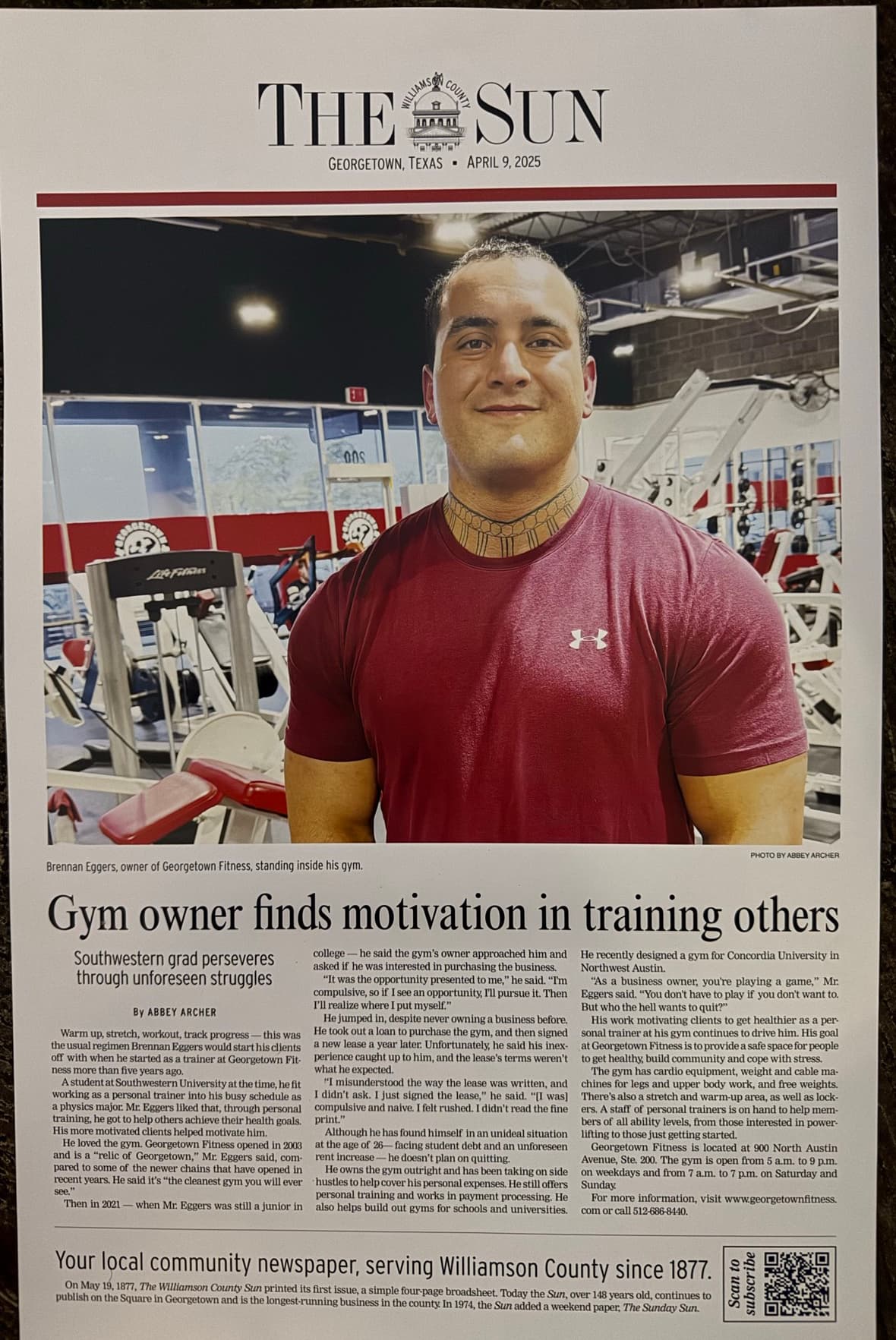 Williamson County Sun article about Georgetown Fitness owner Brennan Eggers